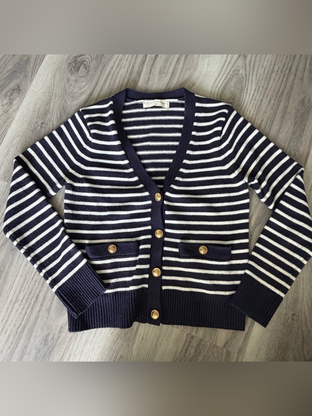 Navy & White Striped V-Neck Cardigan Sweater
